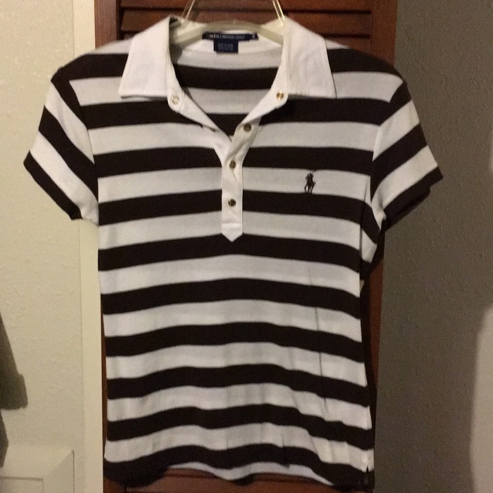 Ralf Lauren White/Brown Striped Golf Shirt- Medium
